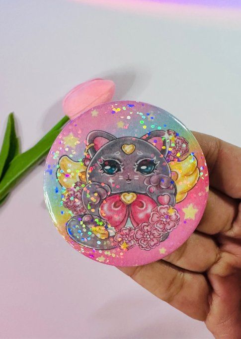 Badge chat porte bonheur pailleté